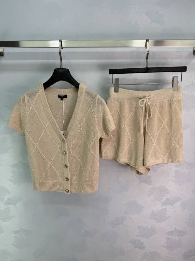 Chanel V-Neck Short Sleeve Set in Beige