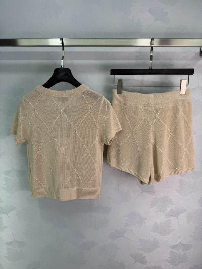 Chanel V-Neck Short Sleeve Set in Beige