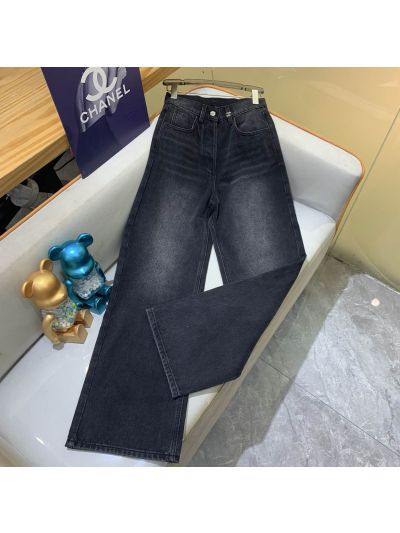 Chanel Wide-Leg Button-Front Jeans in Navy