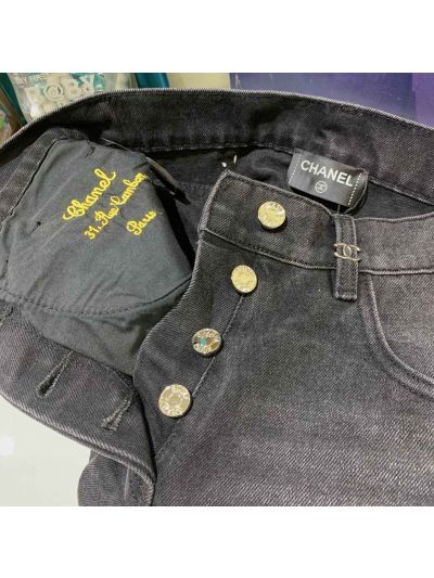 Chanel Wide-Leg Button-Front Jeans in Navy