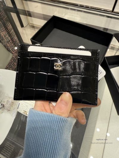 Chanel 26S Classic Card Holder Black Croc-Embossed Gold Hardware