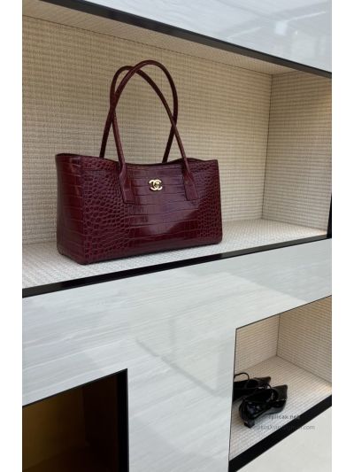 Chanel 26S Shopping Bag Wine Red Croc-Embossed Gold Hardware