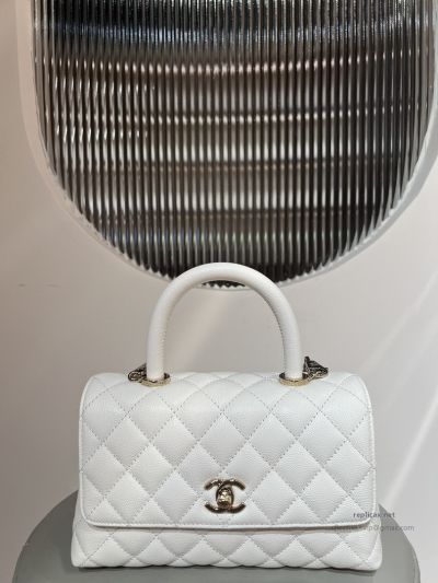 Chanel Coco Handle Small White Caviar Light Gold Hardware