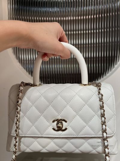 Chanel Coco Handle Small White Caviar Light Gold Hardware