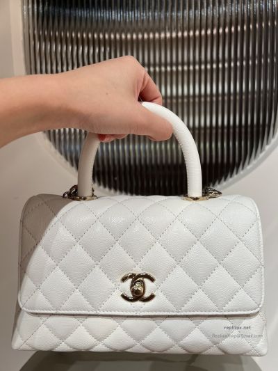Chanel Coco Handle Small White Caviar Light Gold Hardware