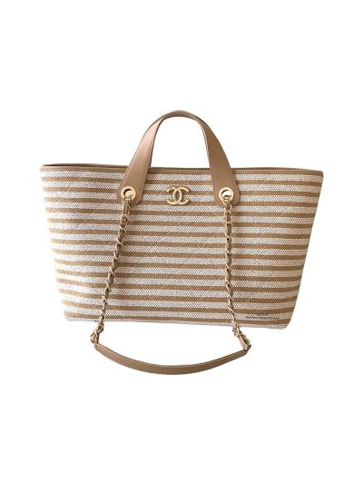 Chanel Maxi Large Canvas Shopping Tote Shoulder Bag Beige White AS6007