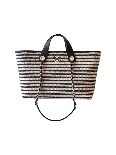 Chanel Maxi Large Canvas Shopping Tote Shoulder Bag Black White AS6007