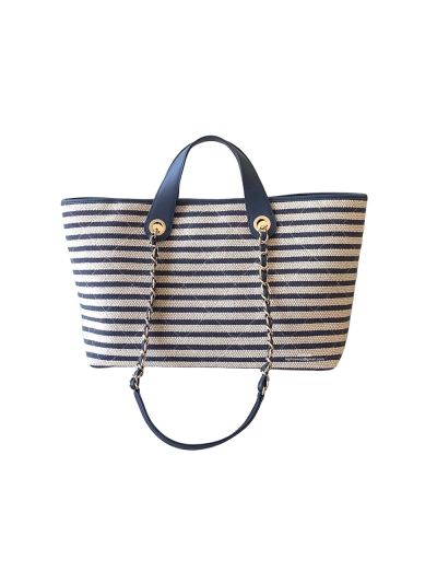 Chanel Maxi Large Canvas Shopping Tote Shoulder Bag Blue White AS6007