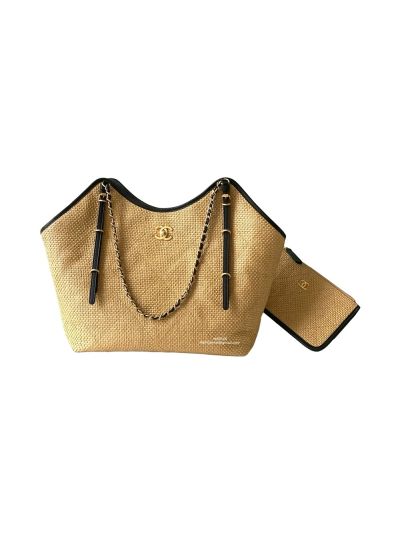 Chanel Maxi Large Shopping Bag Beige Braided Raffia and Calfskin AS5466