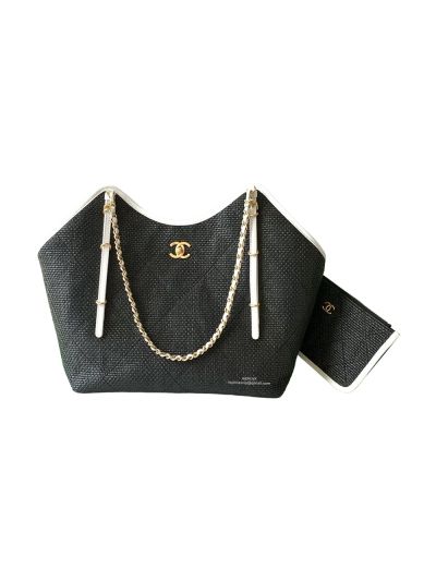 Chanel Maxi Large Shopping Bag Black Braided Raffia and Calfskin AS5466