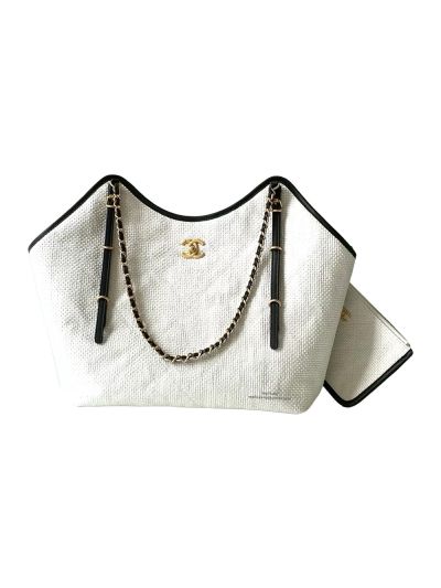 Chanel Maxi Large Shopping Bag White Braided Raffia and Calfskin AS5466