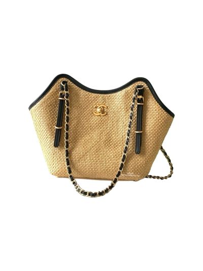 Chanel Small Shopping Bag Beige Braided Raffia and Calfskin AS6015