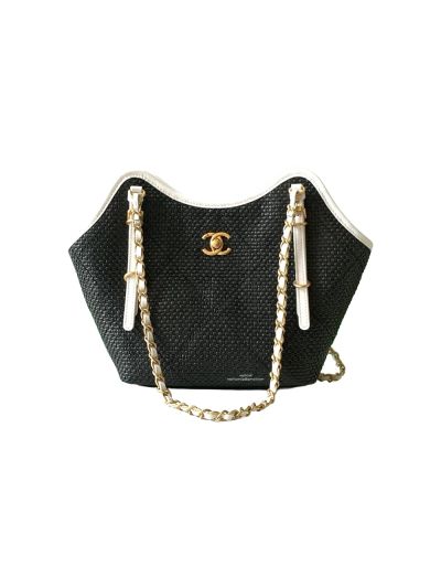 Chanel Small Shopping Bag Black Braided Raffia and Calfskin AS6015