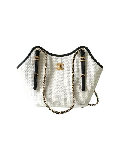 Chanel Small Shopping Bag White Braided Raffia and Calfskin AS6015