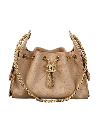 Chanel Vip 25 Mini Bucket Hobo Shoulder Bag Beige Grained Calfskin Leather A2573