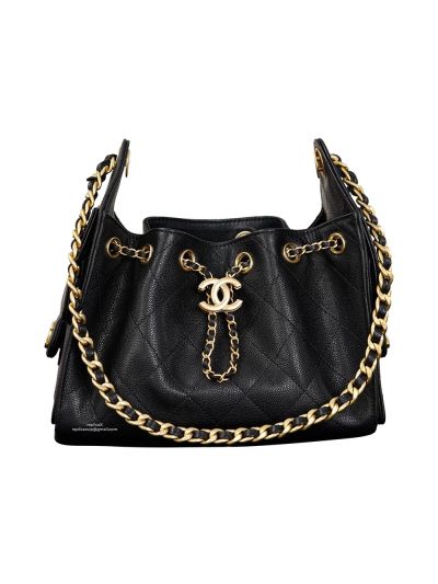 Chanel Vip 25 Mini Bucket Hobo Shoulder Bag Black Grained Calfskin Leather A2573