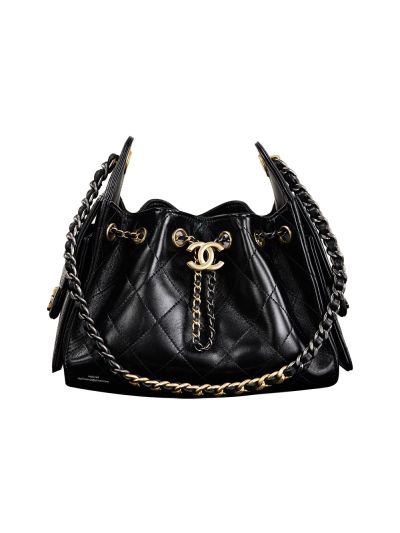 Chanel Vip 25 Mini Bucket Hobo Shoulder Bag Black Shiny Calfskin Leather A2573