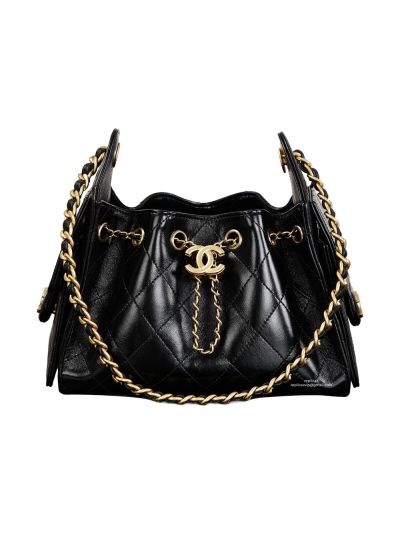 Chanel Vip 25 Mini Bucket Hobo Shoulder Bag Black Shiny Calfskin Leather A2573 621030