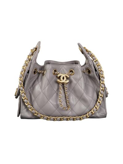 Chanel Vip 25 Mini Bucket Hobo Shoulder Bag Light Gray Grained Calfskin Leather A2573
