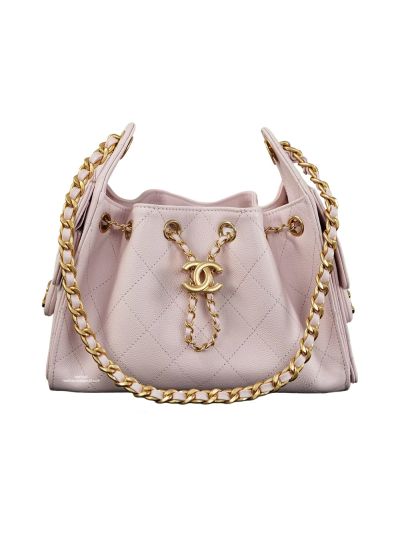 Chanel Vip 25 Mini Bucket Hobo Shoulder Bag Light Pink Grained Calfskin Leather A2573