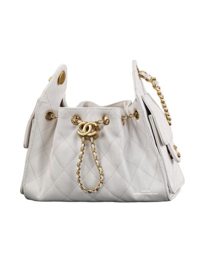 Chanel Vip 25 Mini Bucket Hobo Shoulder Bag White Grained Calfskin Leather A2573