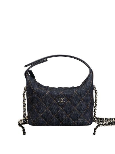 Chanel Vip Classic Clutch Hobo Shoulder Bag with Chain Denim Blue Fabric A2603