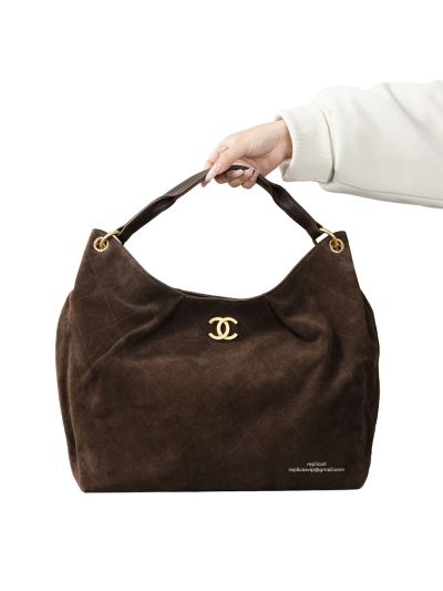 Chanel Vip Maxi Hobo Shoulder Bag Dark Brown Suede Calfskin A2582