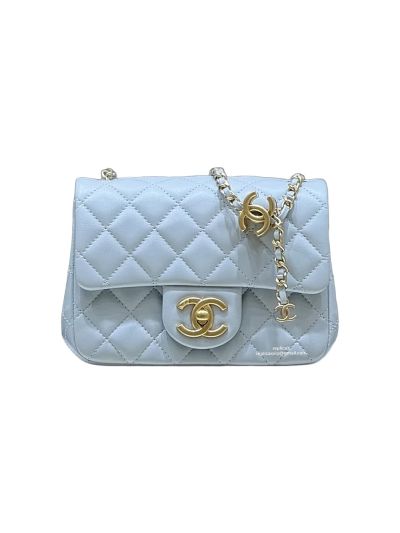 Chanel Vip Mini Flap Bag Light Blue Shiny Lambskin Leather AS5758 