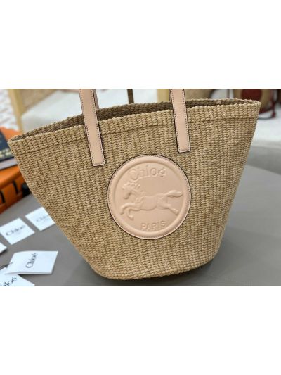 Chloe Large Horse Medal Basket Natural Fibers Shoulder Bag Pink - Detail view 2