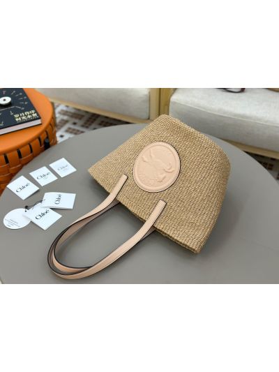 Chloe Large Horse Medal Basket Natural Fibers Shoulder Bag Pink - Detail view 4