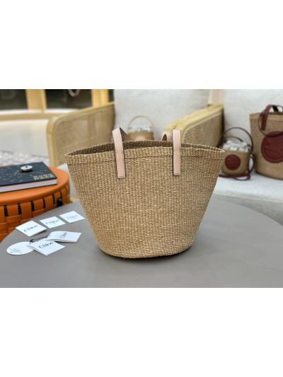 Chloe Large Horse Medal Basket Natural Fibers Shoulder Bag Pink - Detail view 5