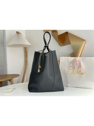 Chloe Large Spin Tote Bag Black Grained Calfskin Leather - Main view