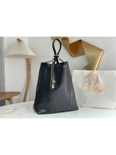 Chloe Large Spin Tote Bag Black Grained Calfskin Leather - Detail view 2