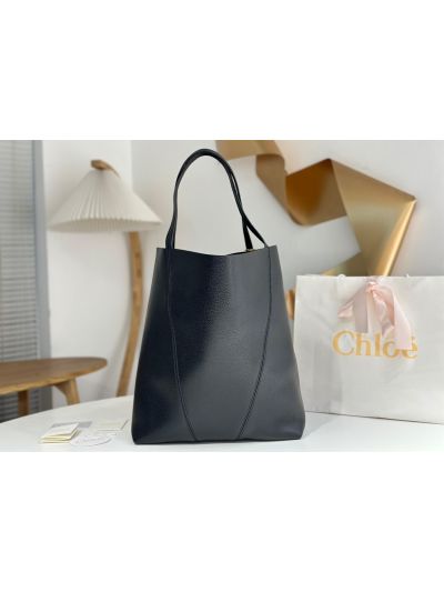 Chloe Large Spin Tote Bag Black Grained Calfskin Leather - Detail view 6