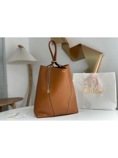 Chloe Large Spin Tote Bag Brown Grained Calfskin Leather - Detail view 2