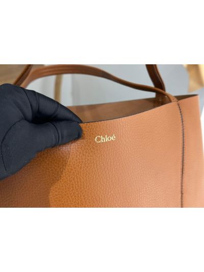 Chloe Large Spin Tote Bag Brown Grained Calfskin Leather - Detail view 3