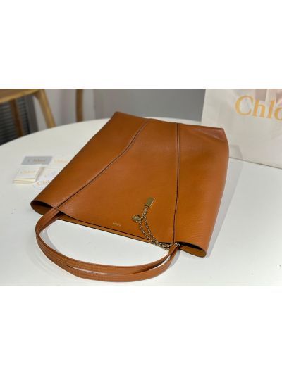 Chloe Large Spin Tote Bag Brown Grained Calfskin Leather - Detail view 4