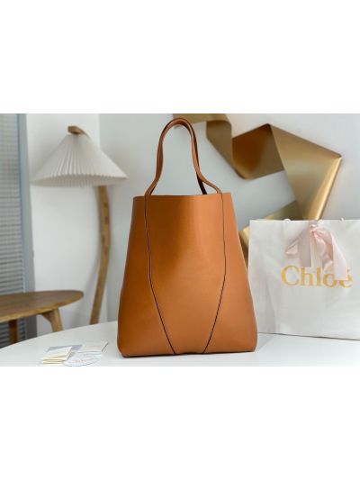 Chloe Large Spin Tote Bag Brown Grained Calfskin Leather - Detail view 6
