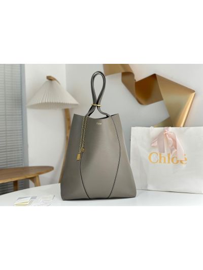 Chloe Large Spin Tote Bag Gray Grained Calfskin Leather - Main view