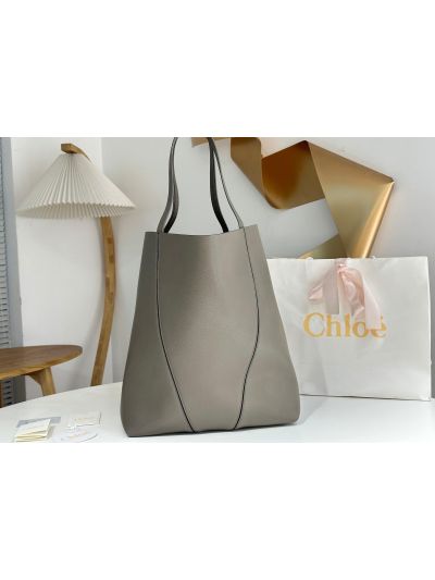 Chloe Large Spin Tote Bag Gray Grained Calfskin Leather - Detail view 7