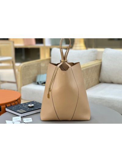 Chloe Large Spin Tote Bag Light Beige Grained Calfskin Leather - Main view