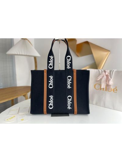 Chloe Large Woody Canvas Top Handle Shoulder Bag Black - Main view