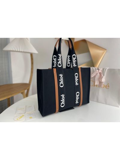 Chloe Large Woody Canvas Top Handle Shoulder Bag Black - Detail view 2