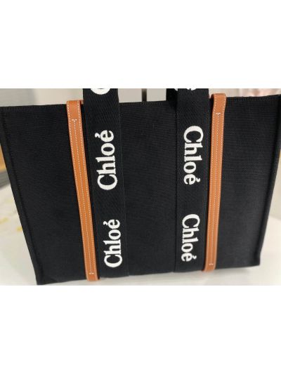 Chloe Large Woody Canvas Top Handle Shoulder Bag Black - Detail view 3