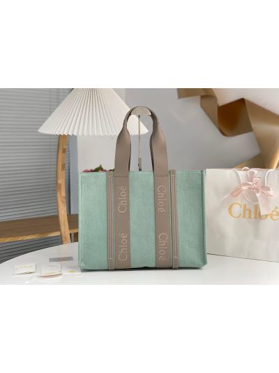Chloe Large Woody Canvas Top Handle Shoulder Bag Light Green - Main view