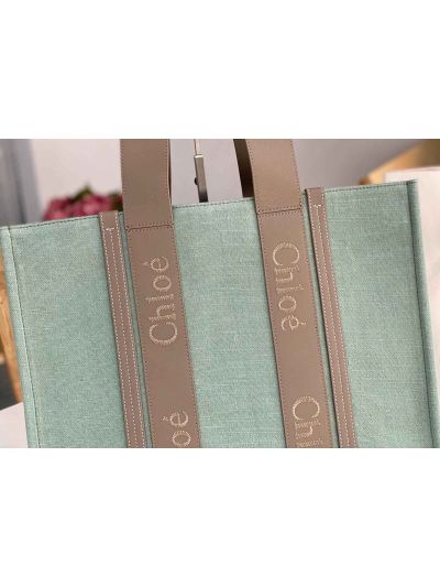 Chloe Large Woody Canvas Top Handle Shoulder Bag Light Green - Detail view 2