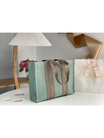 Chloe Large Woody Canvas Top Handle Shoulder Bag Light Green - Detail view 3