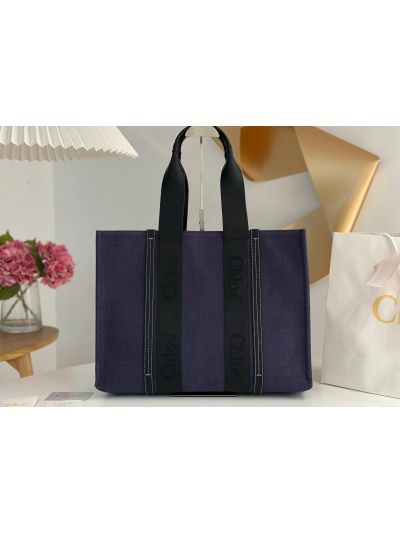 Chloe Large Woody Canvas Top Handle Shoulder Bag Navy Blue - Main view