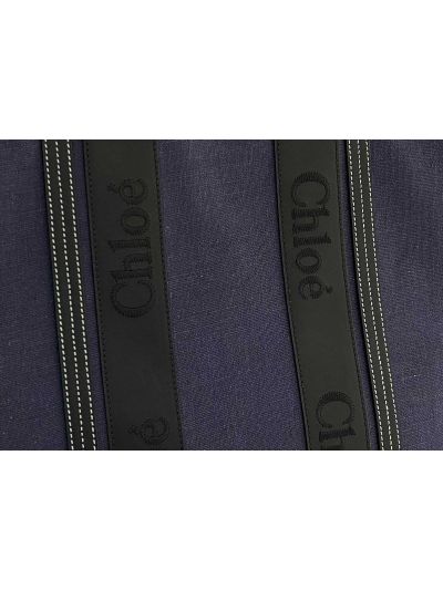 Chloe Large Woody Canvas Top Handle Shoulder Bag Navy Blue - Detail view 2