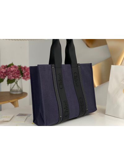 Chloe Large Woody Canvas Top Handle Shoulder Bag Navy Blue - Detail view 3